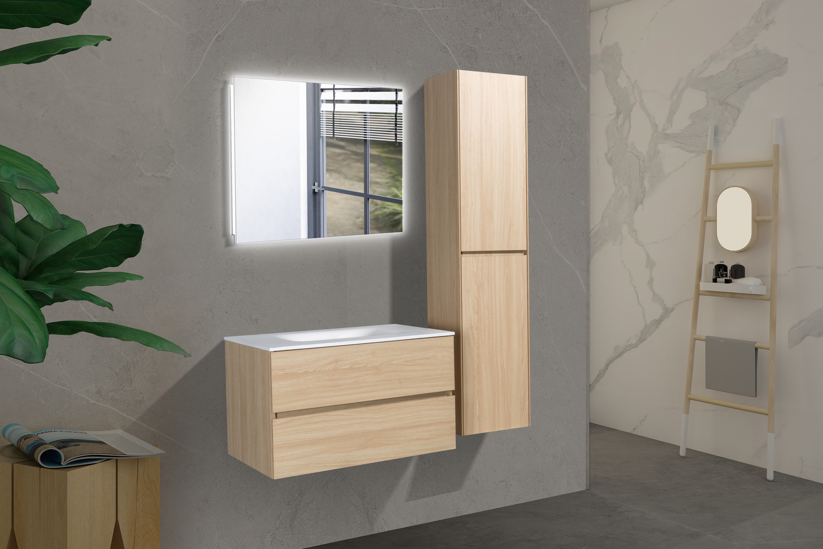 Meuble-lavabo, Malea, 2 portes/1 tiroir, bois argenté, 36 x 33