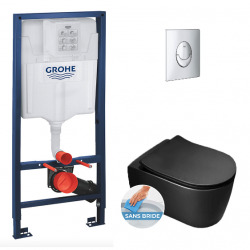 Pack WC Bâti-support Rapid SL + Cuvette suspendue Alfa Idevit Noire mat + Abattant frein de chute + Plaque Chrome