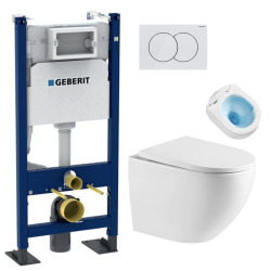 Geberit + Swiss Aqua Technologies Pack WC sans bride Tornado Quiet Fusion, fixations invisibles + Abattant softclose + Bâti autoportant Geberit UP100 + Plaque 