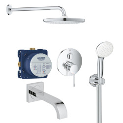 Set de Douche tête ronde Ø 250 mm 1 jet, Douchette 2 jets et bras de douche, Chrome (13264000-Bain)