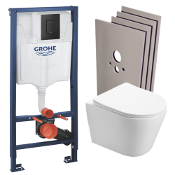 Grohe Pack WC Bâti-support Rapid SL + WC sans bride SAT Infinitio+ Abattant softclose + Plaque Noir mat + Set Habillage