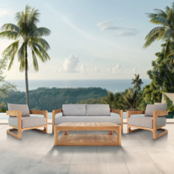 Naturel Set canapé 180x86x60 cm + 2 fauteuils 87x86x60 cm + Table basse 122x86x35 cm de jardin en teck massif, avec coussins gris perlé