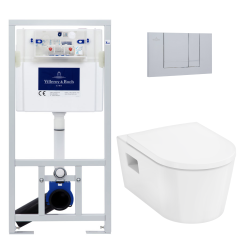 Pack WC Bâti-support + WC Swiss Aqua Technologies sans bride et fixations invisibles + Plaque chrome (ViConnectSATrimless-1)