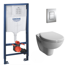 Pack WC Bâti-support Rapid SL + Cuvette suspendue Cersanit S-line + Abattant classique + Plaque Chrome (GROHE-S-LinePro-1)