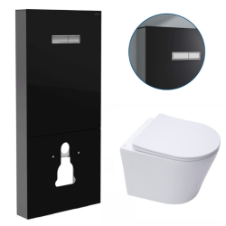 Pack WC Bâti support en verre trempé/aluminium brossé avec plaque intégrée, Noir + WC sans bride Infinitio + Abattant softclose