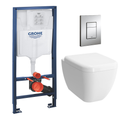 Pack WC Bâti + Cuvette Vitra Shift RIM-EX (sans bride) + Abattant soft close + Plaque de commande chrome (GROHE-Shift)