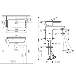 Integra Ensemble Lavabo suspendu 60x36 cm + Mitigeur lavabo avec tirette et vidage synthétique, Blanc (7088-VernisBlend1)