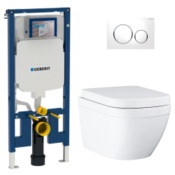 Pack WC Bâti-support Geberit Duofix + WC sans bride Grohe Euro Ceramic + Abattant + Plaque blanche (EUROCTGEB3)