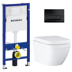 Pack WC Bâti-support Geberit Duofix + WC sans bride Grohe Euro Ceramic + Abattant + Plaque blanche (EUROCTGEB3)