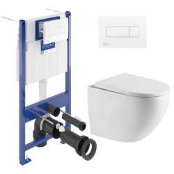 Villeroy & Boch Pack WC Bâti-support + WC sans bride Swiss Aqua Technologies + Plaque de déclenchement double, Blanche (ViConnectFusionTQ-2)