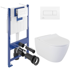 Villeroy & Boch Pack WC Bâti-support Viconnect + WC sans bride Bello avec fixations invisibles + Abattant frein de chute + Plaque Blanche