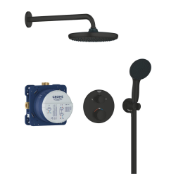 Precision Set de douche encastrée avec mitigeur thermostatique + Douche de tête + Douchette 2 jets, noir mat (G348832430)